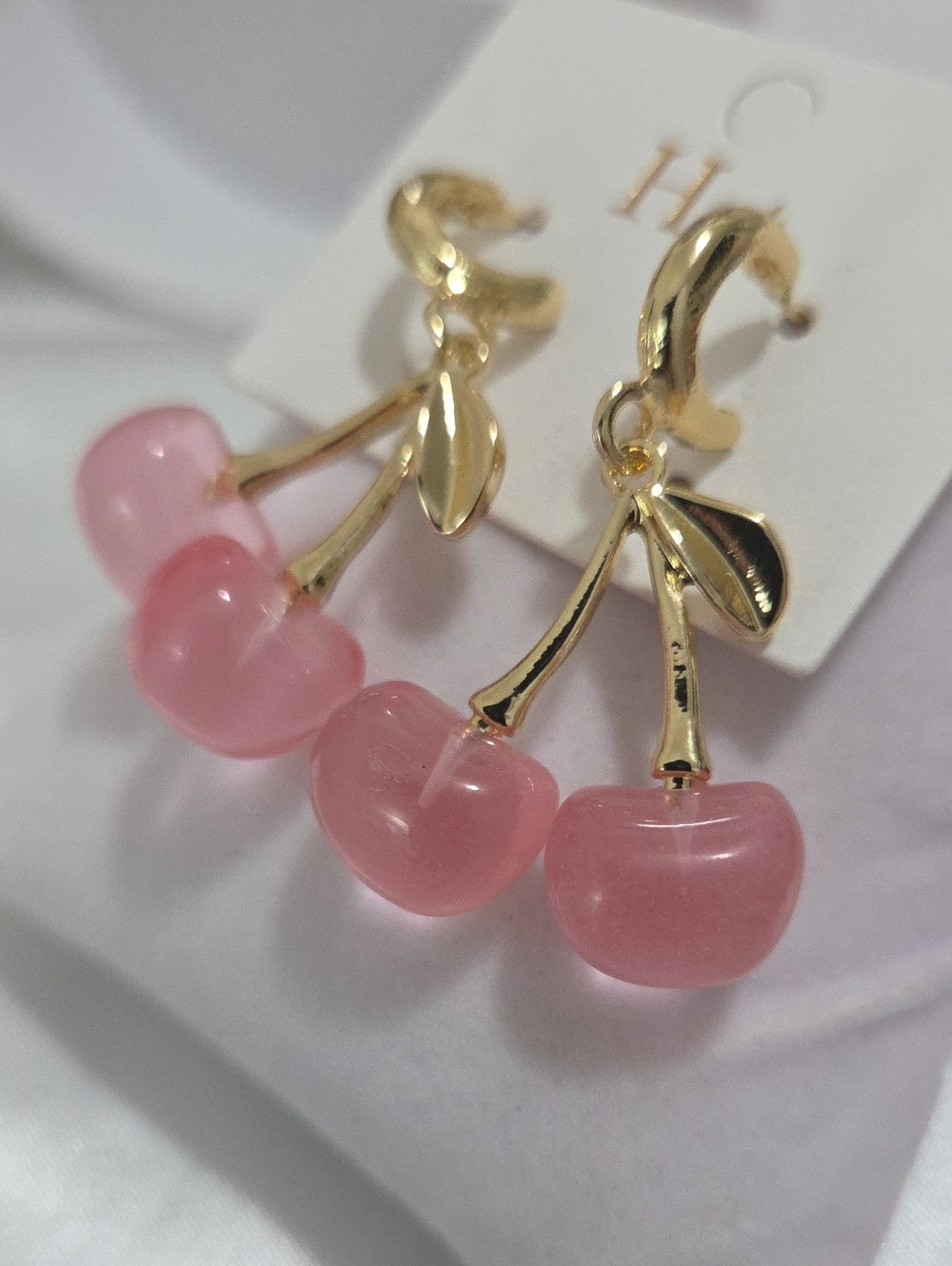 14k Laminated Gold Cherry Drop Earrings with Pink Glass Charms